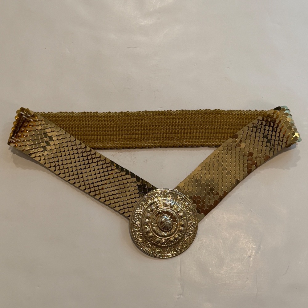 Vintage Gold Scale Stretch Belt Ornate Egyptian Scarab Beetle Buckle Metallic